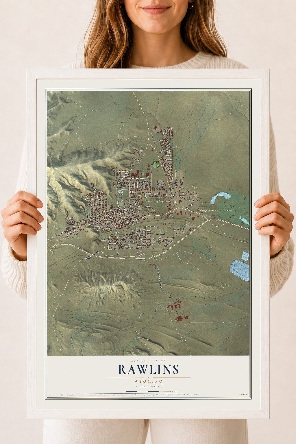 Map of Rawlins, Wyoming, 18 x 24 inch print in a white wood frame