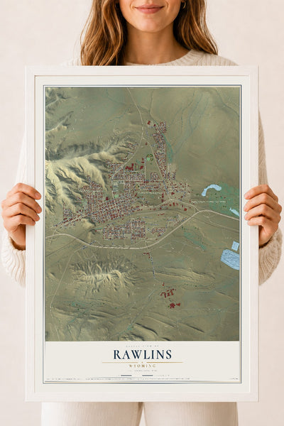 Map of Rawlins, Wyoming, 18 x 24 inch print in a white wood frame