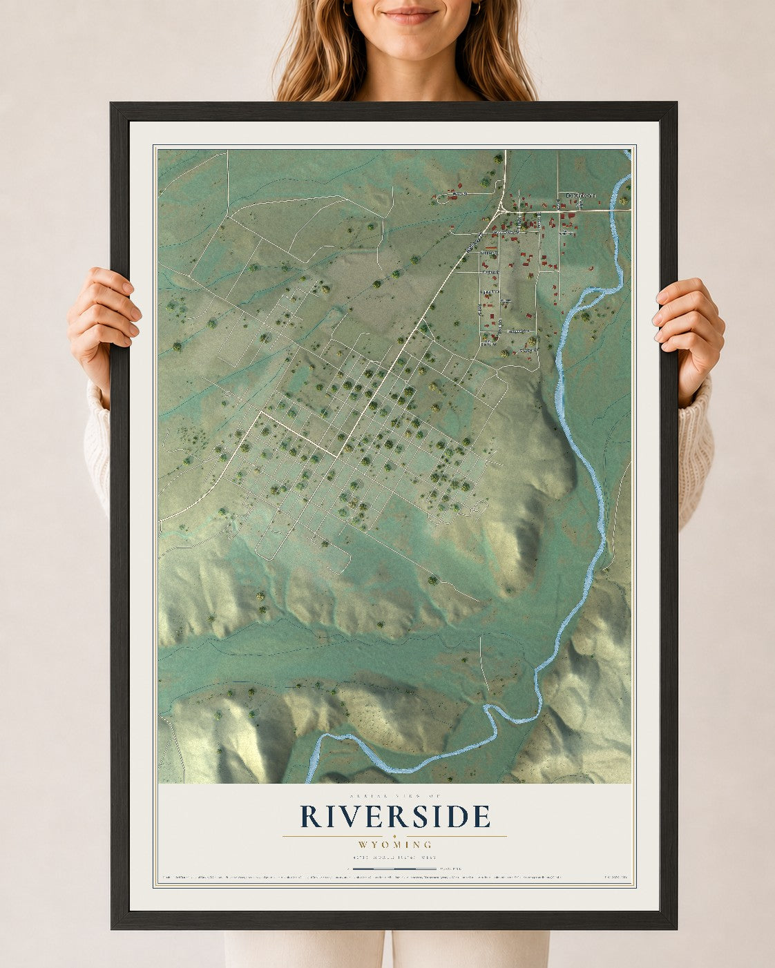 Map of Riverside, Wyoming, 24 x 36 inch print in a black wood frame
