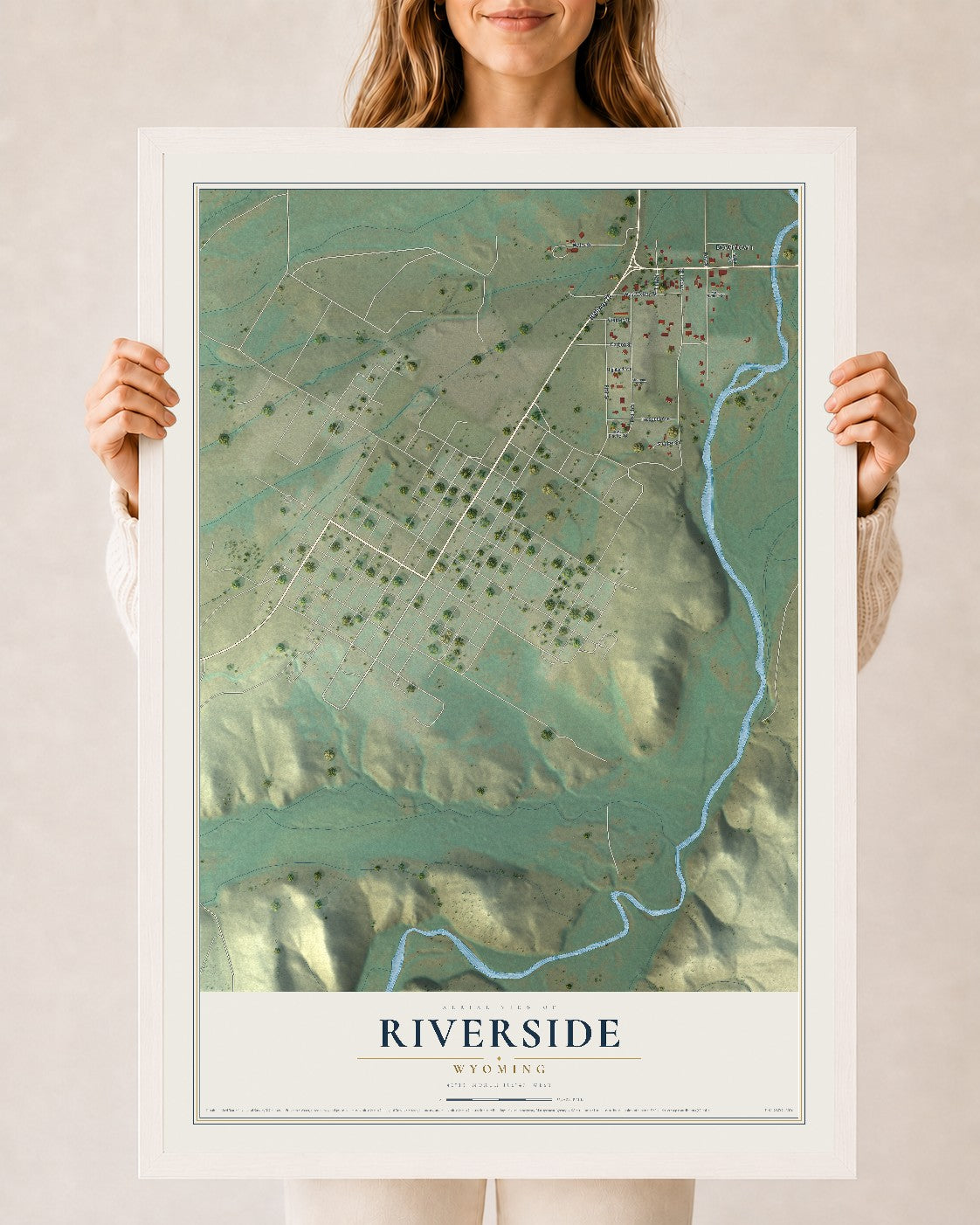 Map of Riverside, Wyoming, 24 x 36 inch print in a white wood frame