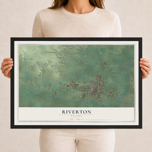 Map of Riverton, Wyoming, 12 x 18 inch print in a black wood frame