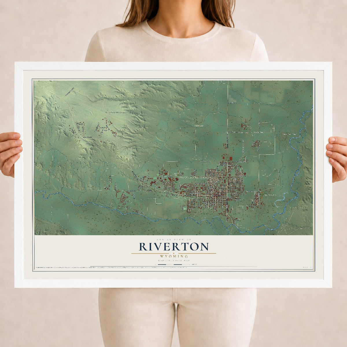 Map of Riverton, Wyoming, 18 x 24 inch print in a white wood frame