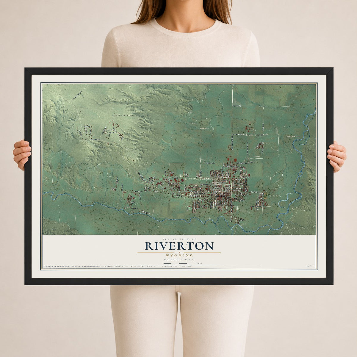 Map of Riverton, Wyoming, 24 x 36 inch print in a black wood frame