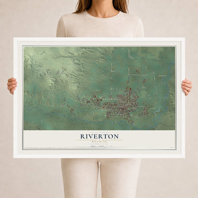 Map of Riverton, Wyoming, 24 x 36 inch print in a white wood frame
