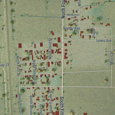 Close-up of the map of Rock River, Wyoming print showing street and building detail