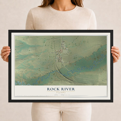Map of Rock River, Wyoming, 12 x 18 inch print in a black wood frame