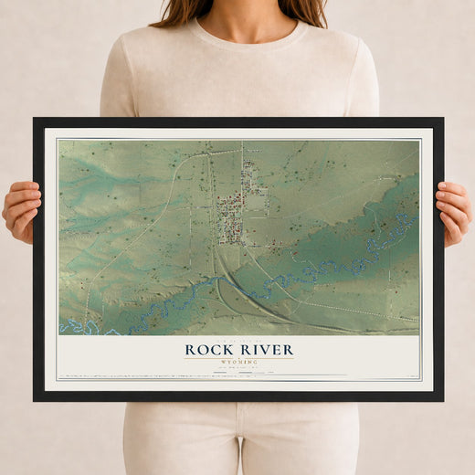 Map of Rock River, Wyoming, 12 x 18 inch print in a black wood frame