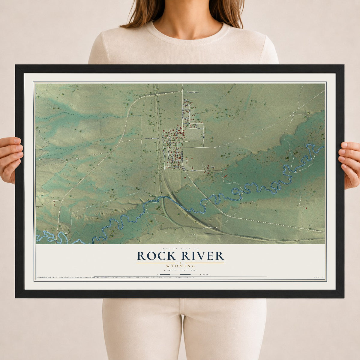 Map of Rock River, Wyoming, 18 x 24 inch print in a black wood frame