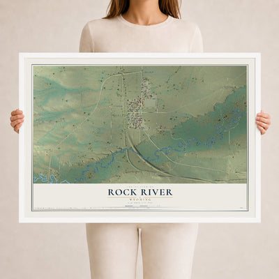 Map of Rock River, Wyoming, 24 x 36 inch print in a white wood frame