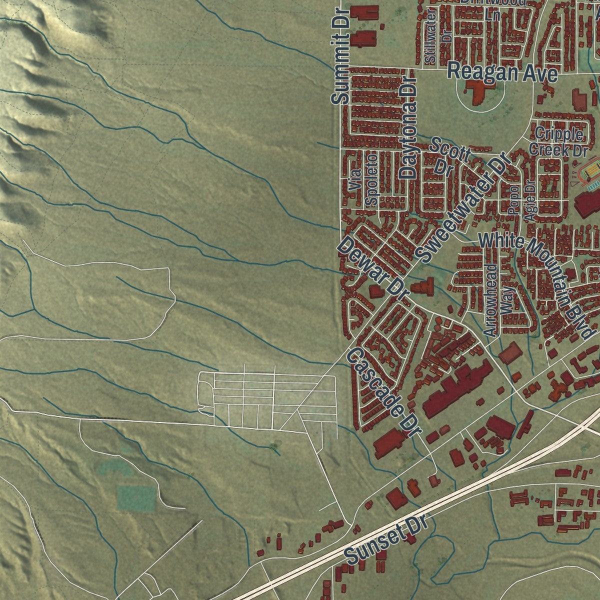 Second close-up of the map of Rock Springs, Wyoming print showing more streets and buildings