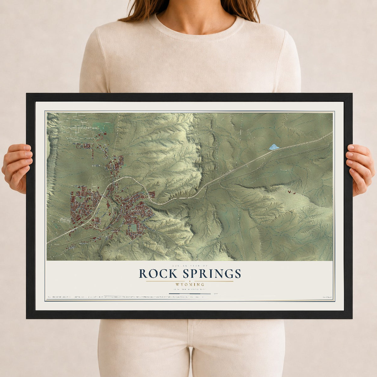 Map of Rock Springs, Wyoming, 12 x 18 inch print in a black wood frame