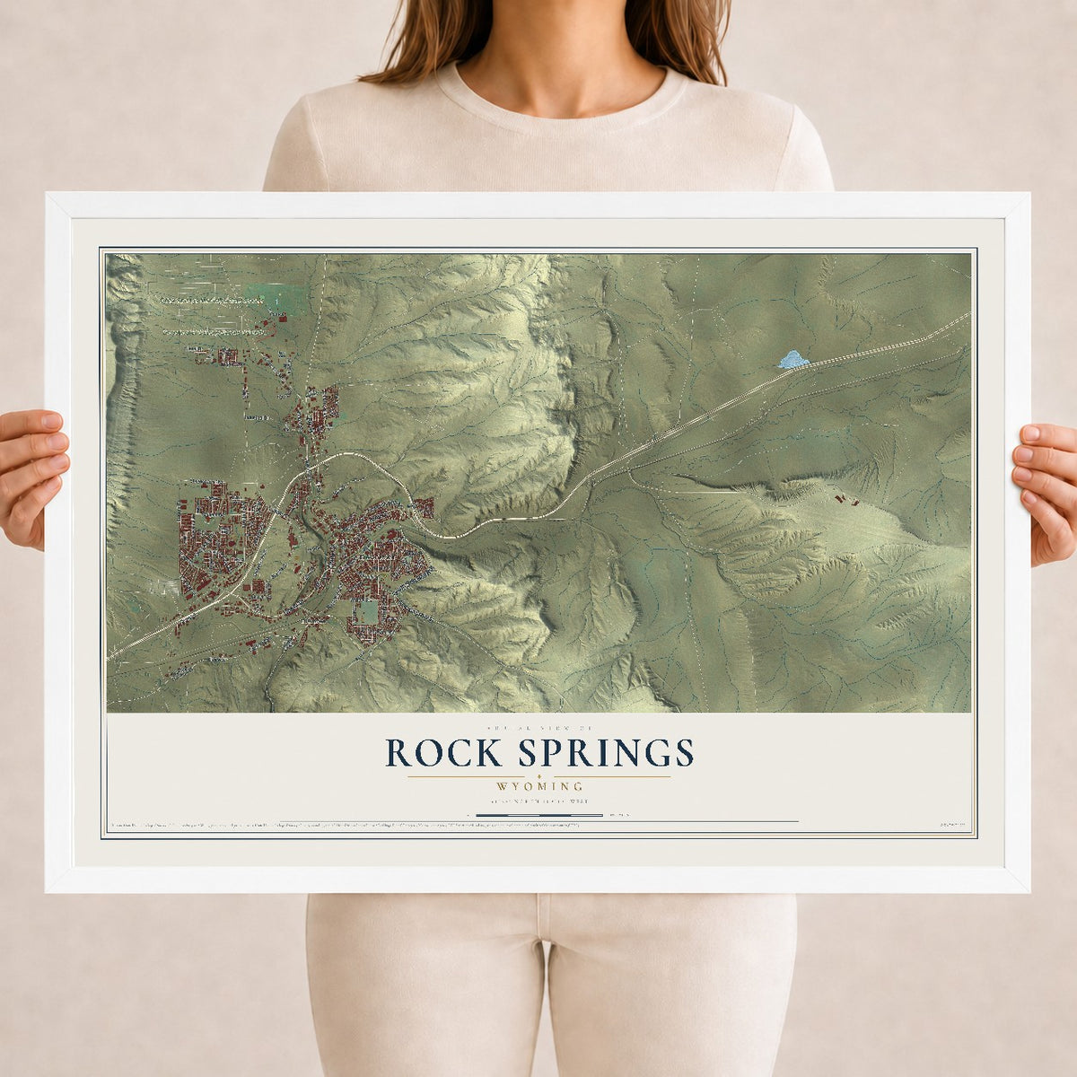 Map of Rock Springs, Wyoming, 18 x 24 inch print in a white wood frame