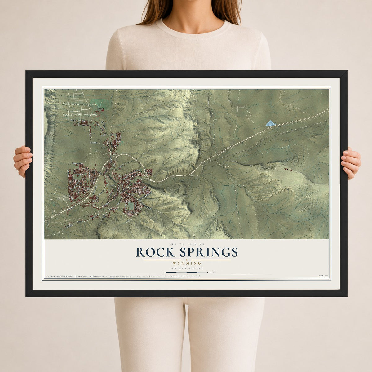 Map of Rock Springs, Wyoming, 24 x 36 inch print in a black wood frame