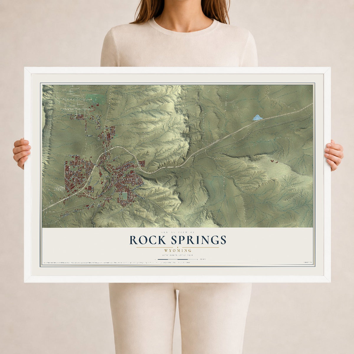 Map of Rock Springs, Wyoming, 24 x 36 inch print in a white wood frame
