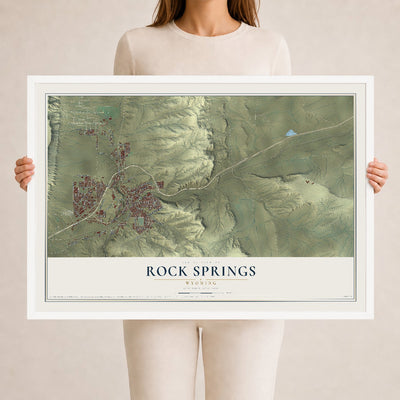 Map of Rock Springs, Wyoming, 24 x 36 inch print in a white wood frame