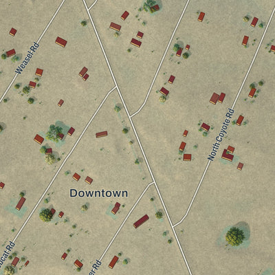 Second close-up of the map of Rolling Hills, Wyoming print showing more streets and buildings