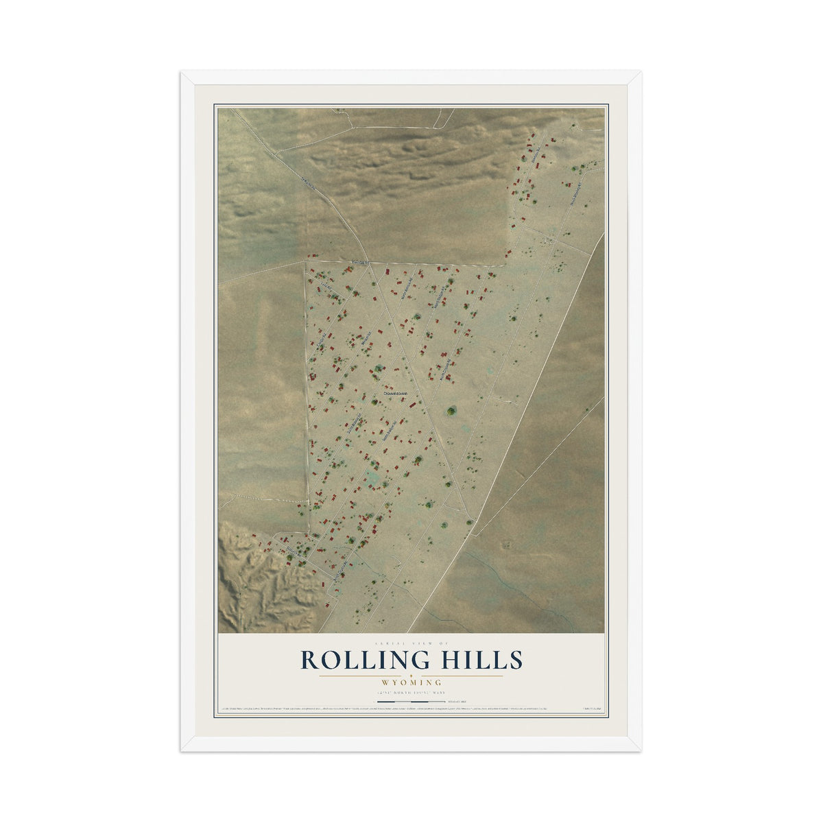 Map of Rolling Hills, Wyoming, 12 x 18 inch print in a white wood frame
