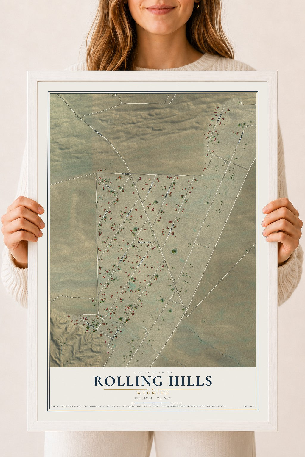Map of Rolling Hills, Wyoming, 18 x 24 inch print in a white wood frame