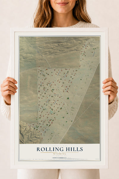 Map of Rolling Hills, Wyoming, 18 x 24 inch print in a white wood frame