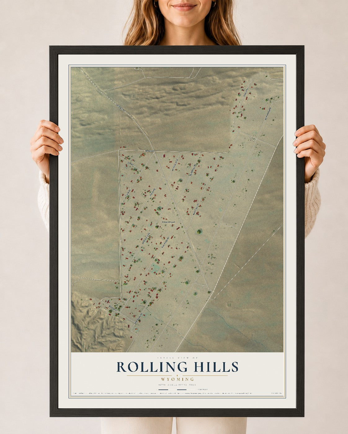 Map of Rolling Hills, Wyoming, 24 x 36 inch print in a black wood frame