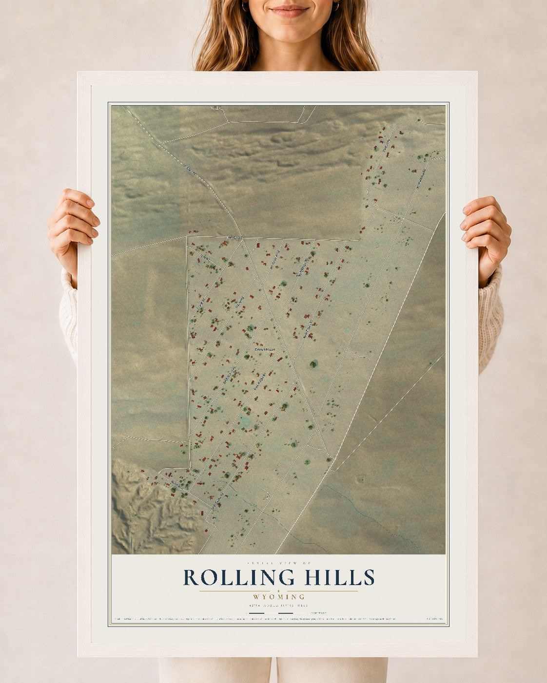 Map of Rolling Hills, Wyoming, 24 x 36 inch print in a white wood frame