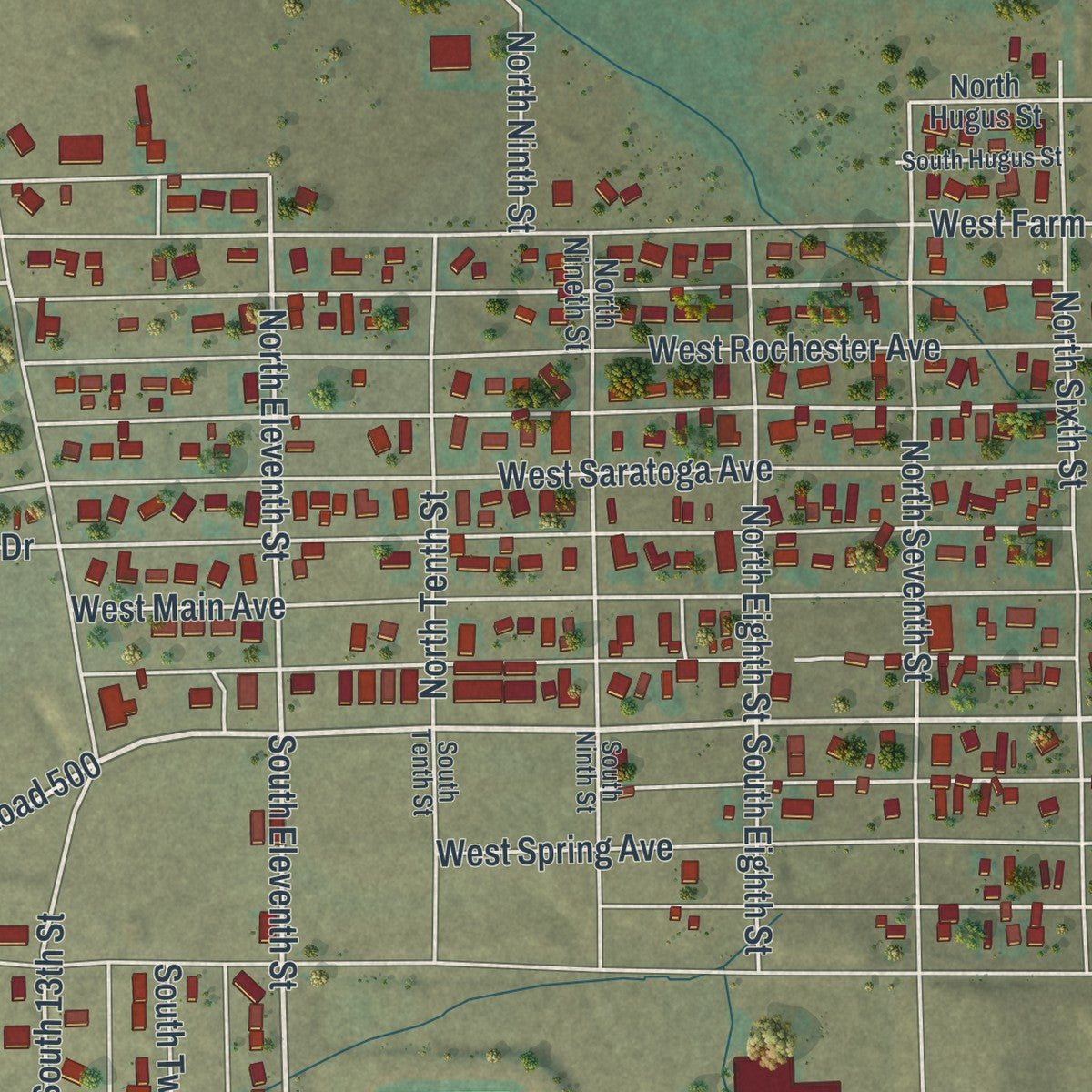 Second close-up of the map of Saratoga, Wyoming print showing more streets and buildings