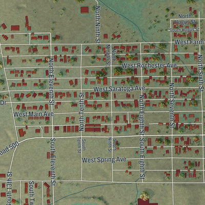 Second close-up of the map of Saratoga, Wyoming print showing more streets and buildings