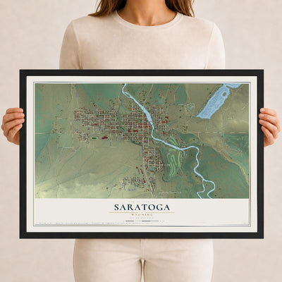Map of Saratoga, Wyoming, 12 x 18 inch print in a black wood frame