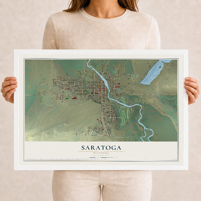 Map of Saratoga, Wyoming, 12 x 18 inch print in a white wood frame