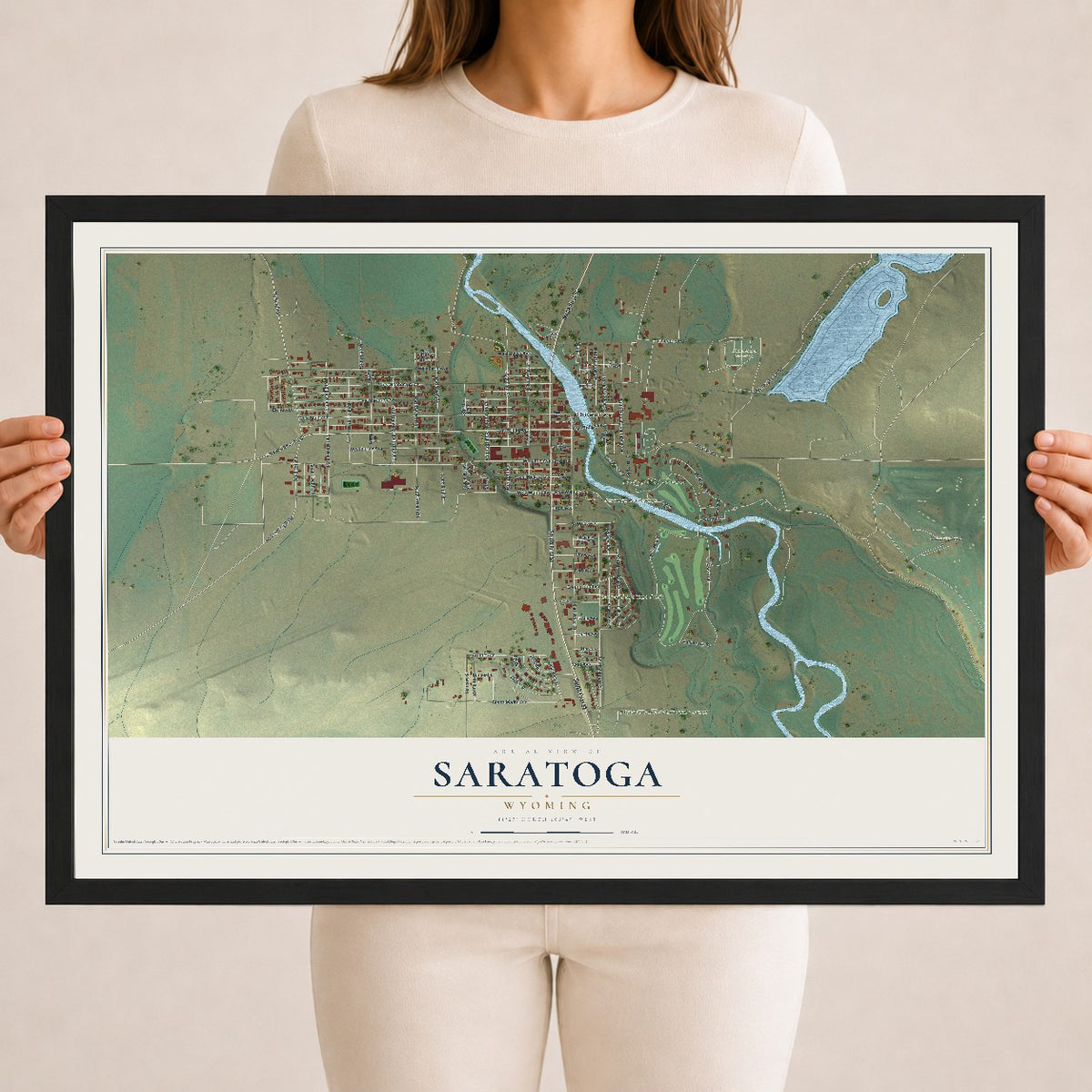 Map of Saratoga, Wyoming, 18 x 24 inch print in a black wood frame