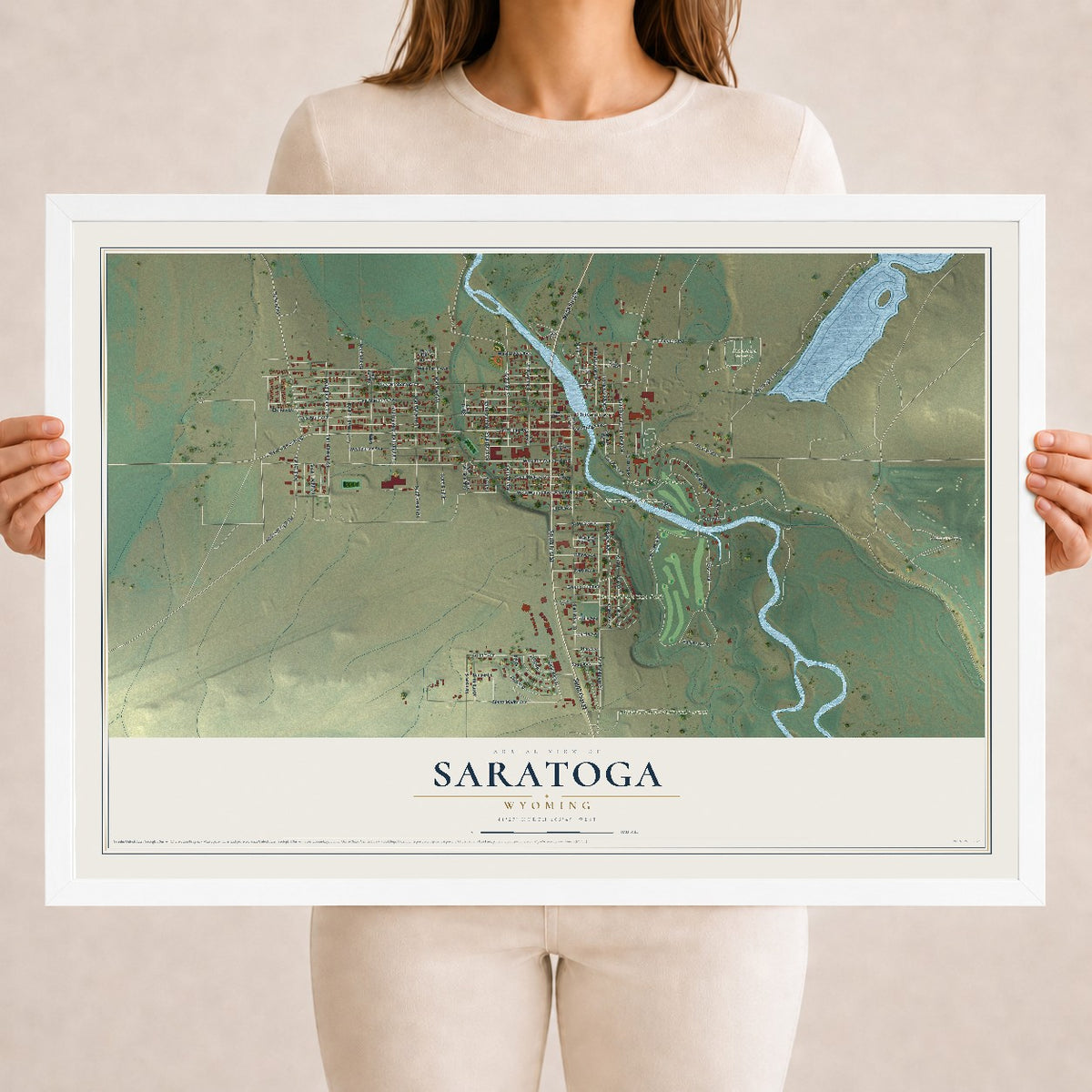Map of Saratoga, Wyoming, 18 x 24 inch print in a white wood frame