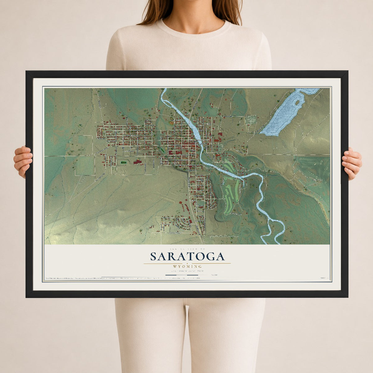 Map of Saratoga, Wyoming, 24 x 36 inch print in a black wood frame