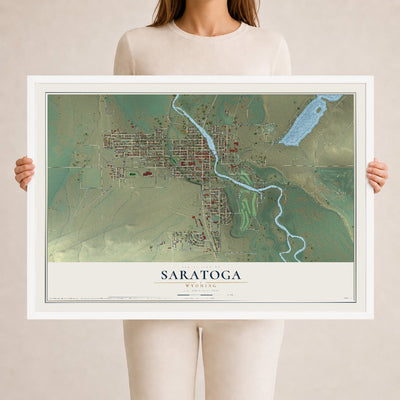 Map of Saratoga, Wyoming, 24 x 36 inch print in a white wood frame