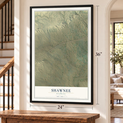 Shawnee, Wyoming map, 24 x 36 inch print in a black frame by a staircase