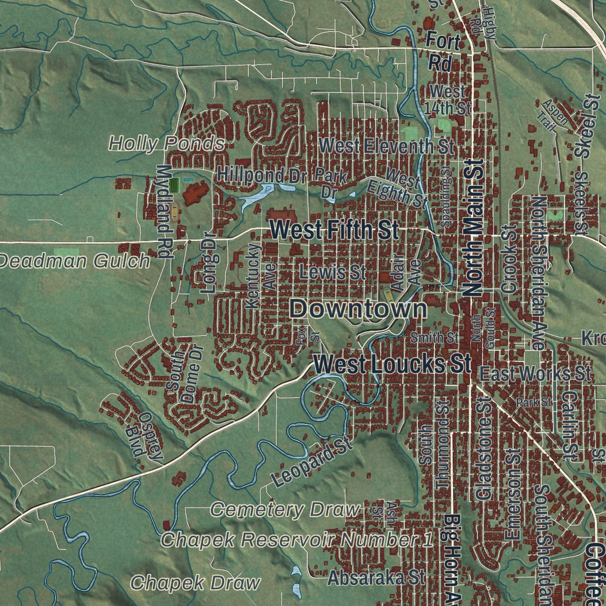 Close-up of the map of Sheridan, Wyoming print showing street and building detail