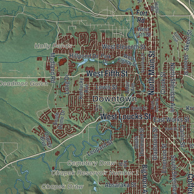 Close-up of the map of Sheridan, Wyoming print showing street and building detail