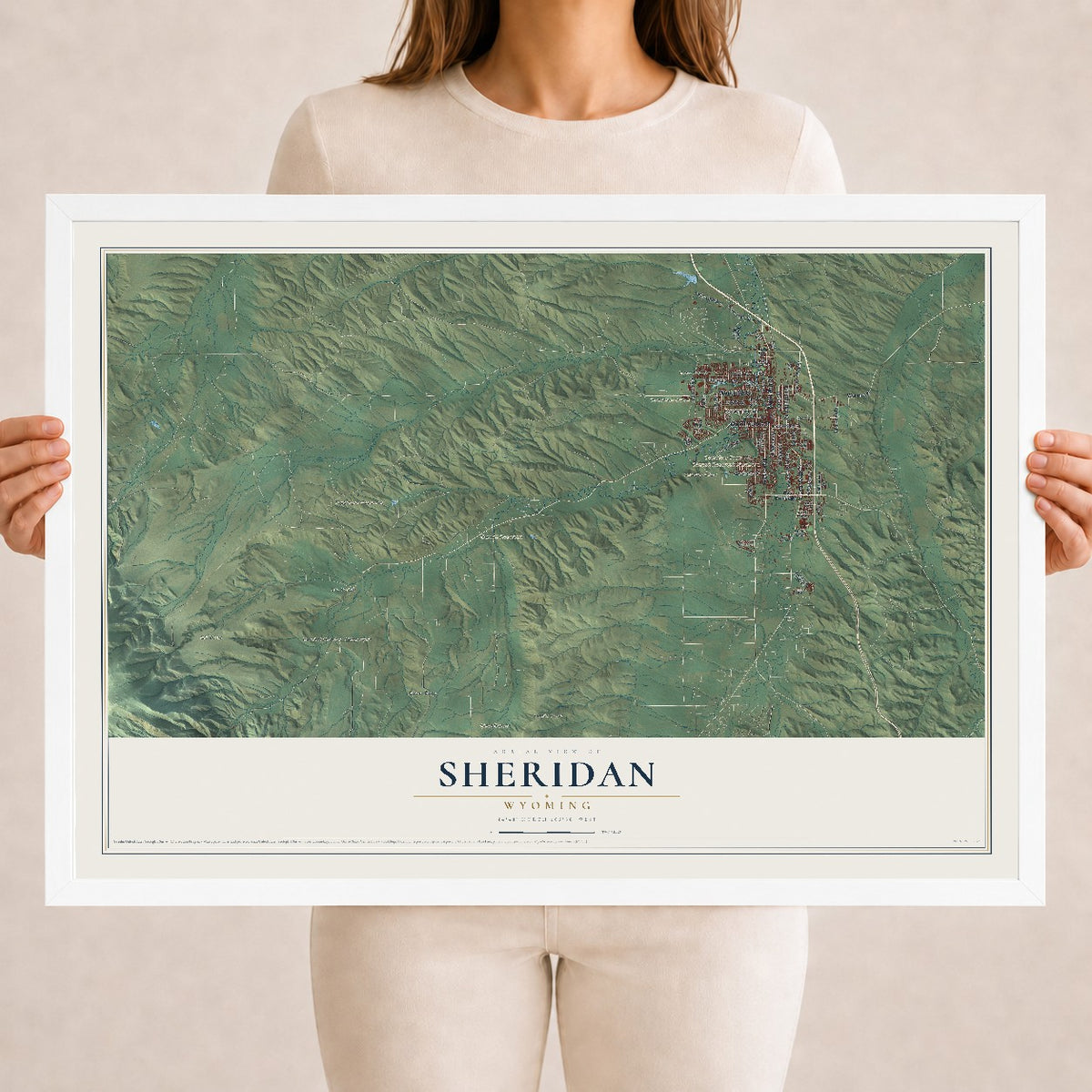 Map of Sheridan, Wyoming, 18 x 24 inch print in a white wood frame