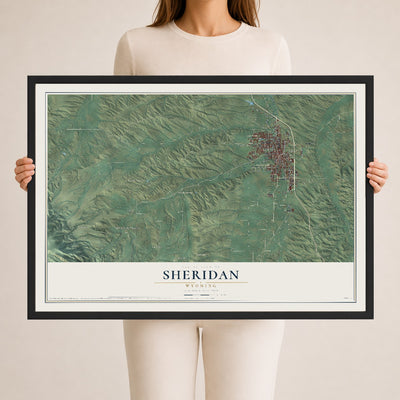 Map of Sheridan, Wyoming, 24 x 36 inch print in a black wood frame