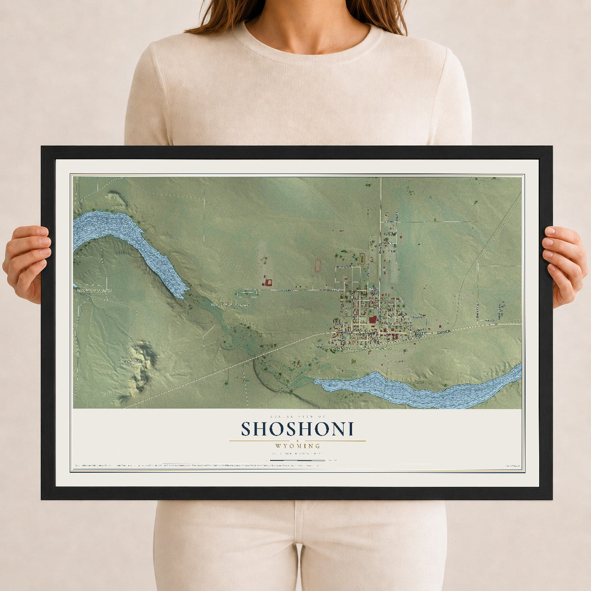 Map of Shoshoni, Wyoming, 12 x 18 inch print in a black wood frame