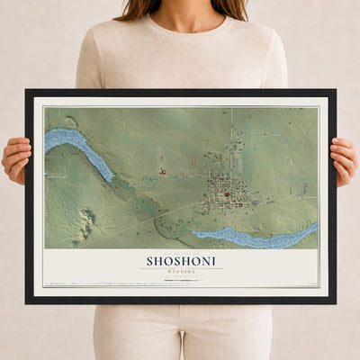 Map of Shoshoni, Wyoming, 12 x 18 inch print in a black wood frame