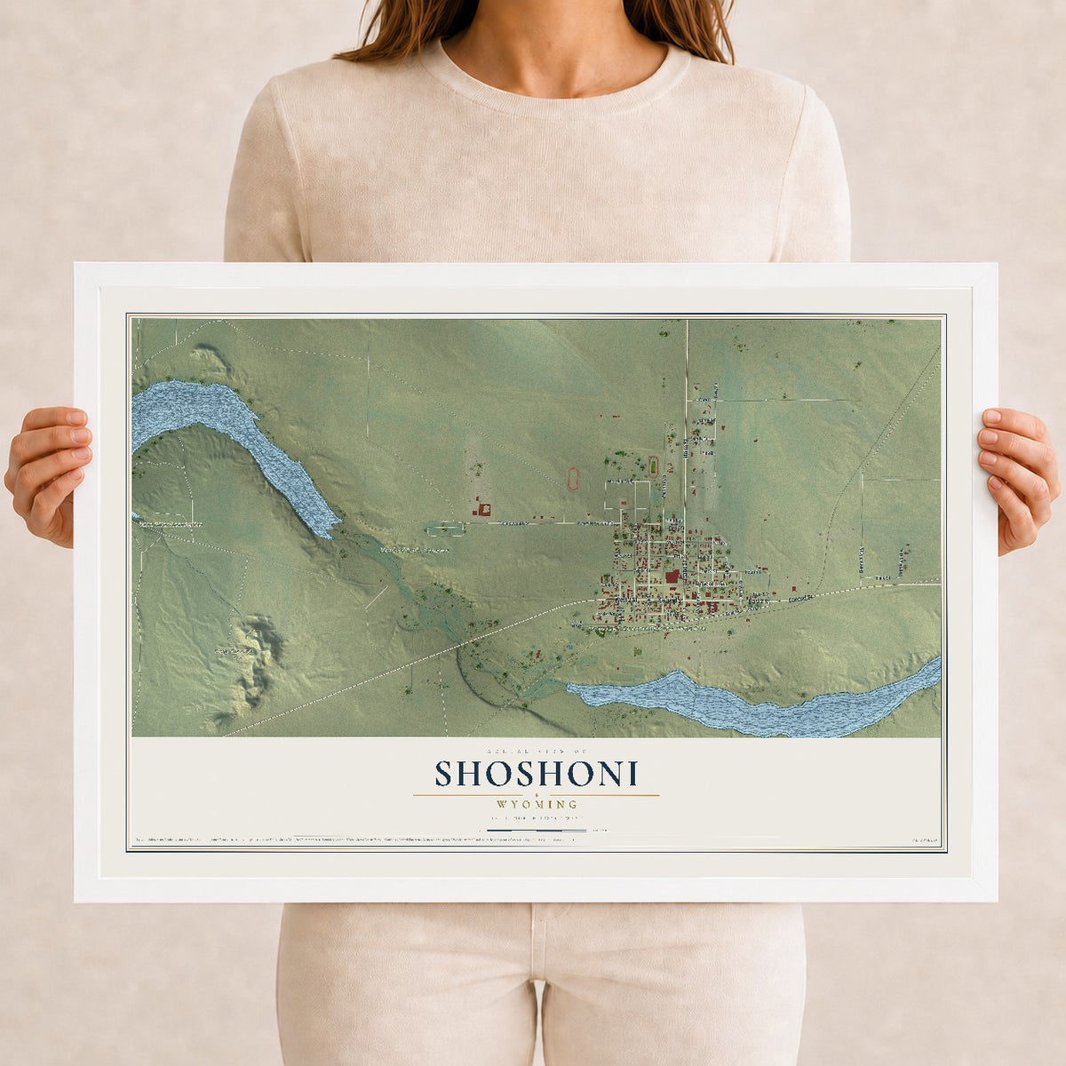 Map of Shoshoni, Wyoming, 12 x 18 inch print in a white wood frame