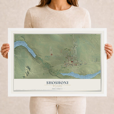 Map of Shoshoni, Wyoming, 12 x 18 inch print in a white wood frame