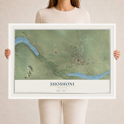Map of Shoshoni, Wyoming, 24 x 36 inch print in a white wood frame