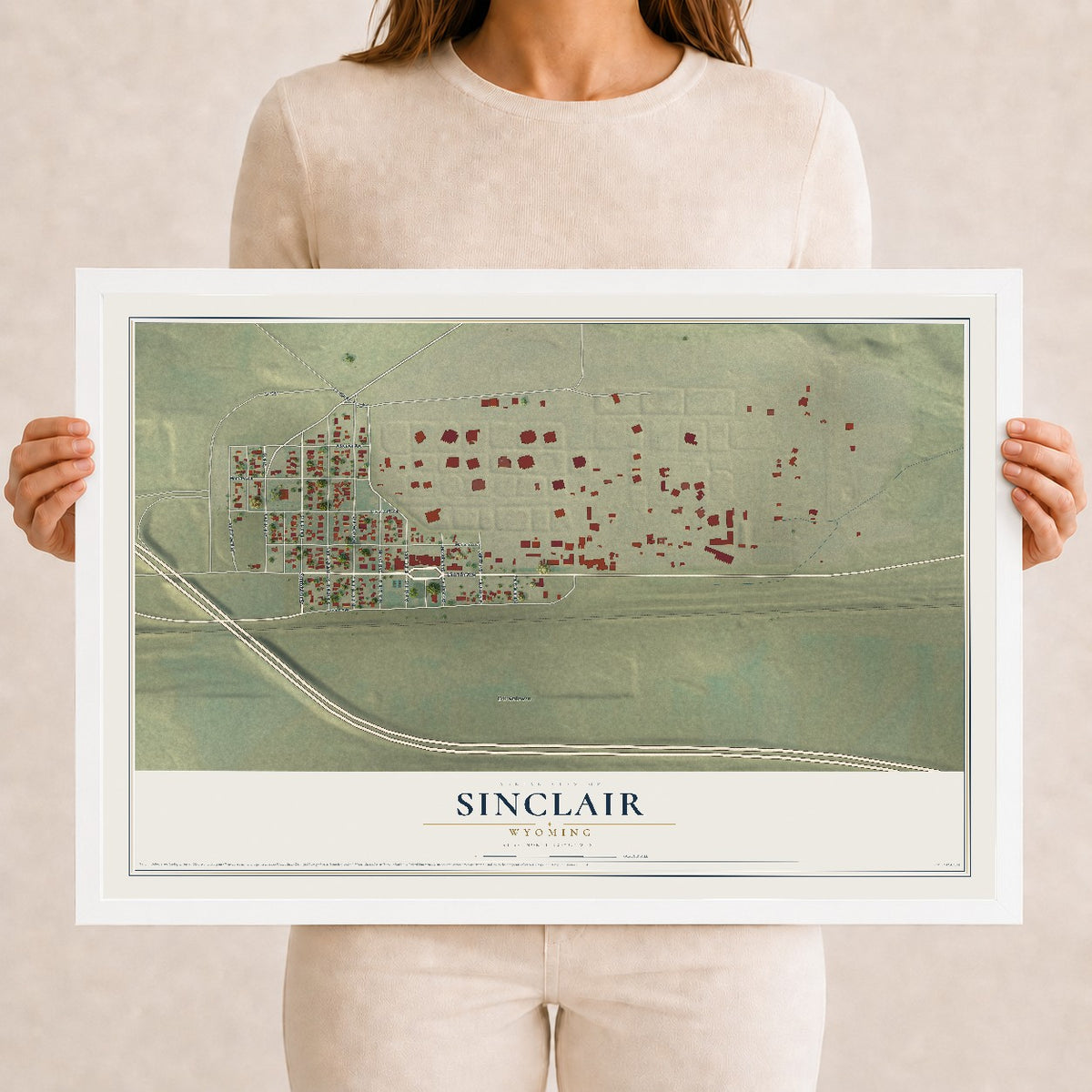 Map of Sinclair, Wyoming, 12 x 18 inch print in a white wood frame