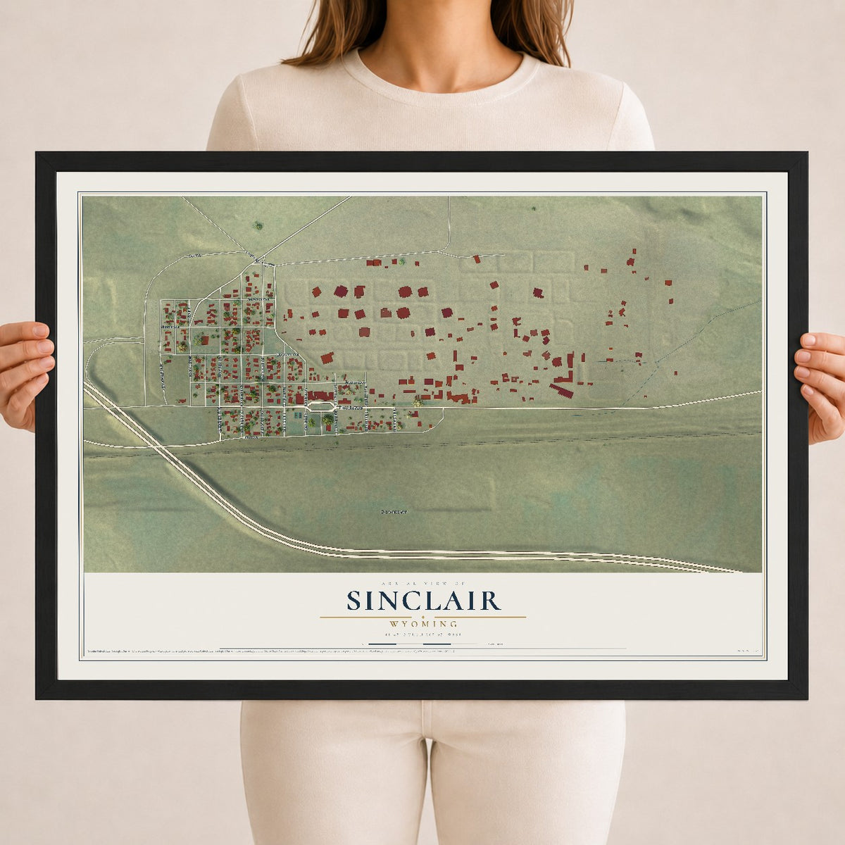 Map of Sinclair, Wyoming, 18 x 24 inch print in a black wood frame