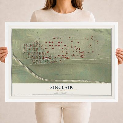 Map of Sinclair, Wyoming, 18 x 24 inch print in a white wood frame