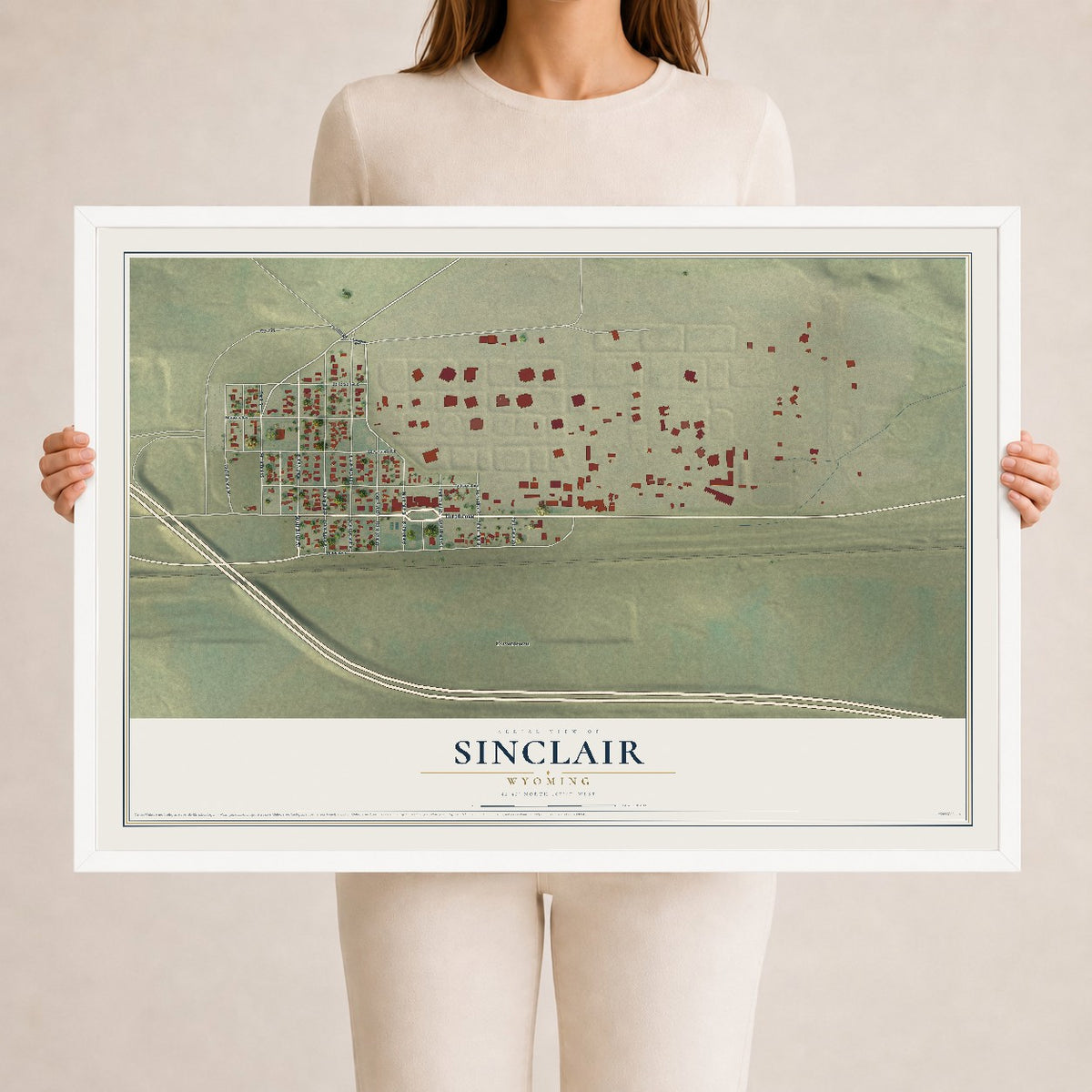 Map of Sinclair, Wyoming, 24 x 36 inch print in a white wood frame