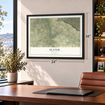 Slater, Wyoming map, 18 x 24 inch print in a black frame in a home office