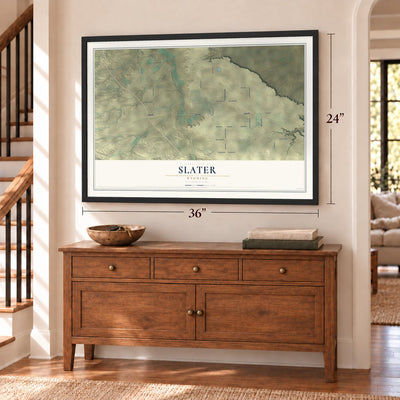 Slater, Wyoming map, 24 x 36 inch print in a black frame above a dresser by a staircase