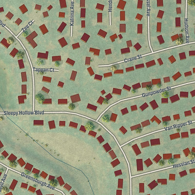 Close-up of the map of Sleepy Hollow, Wyoming print showing street and building detail